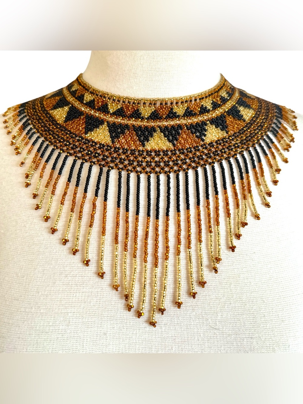 Huichol Chaquira Seed Beads Handmade Mexican Bib Necklace Gold,  Amber,  Black